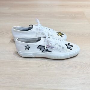 Superga White Sneakers with Silver and Yellow Stars Size 8.5